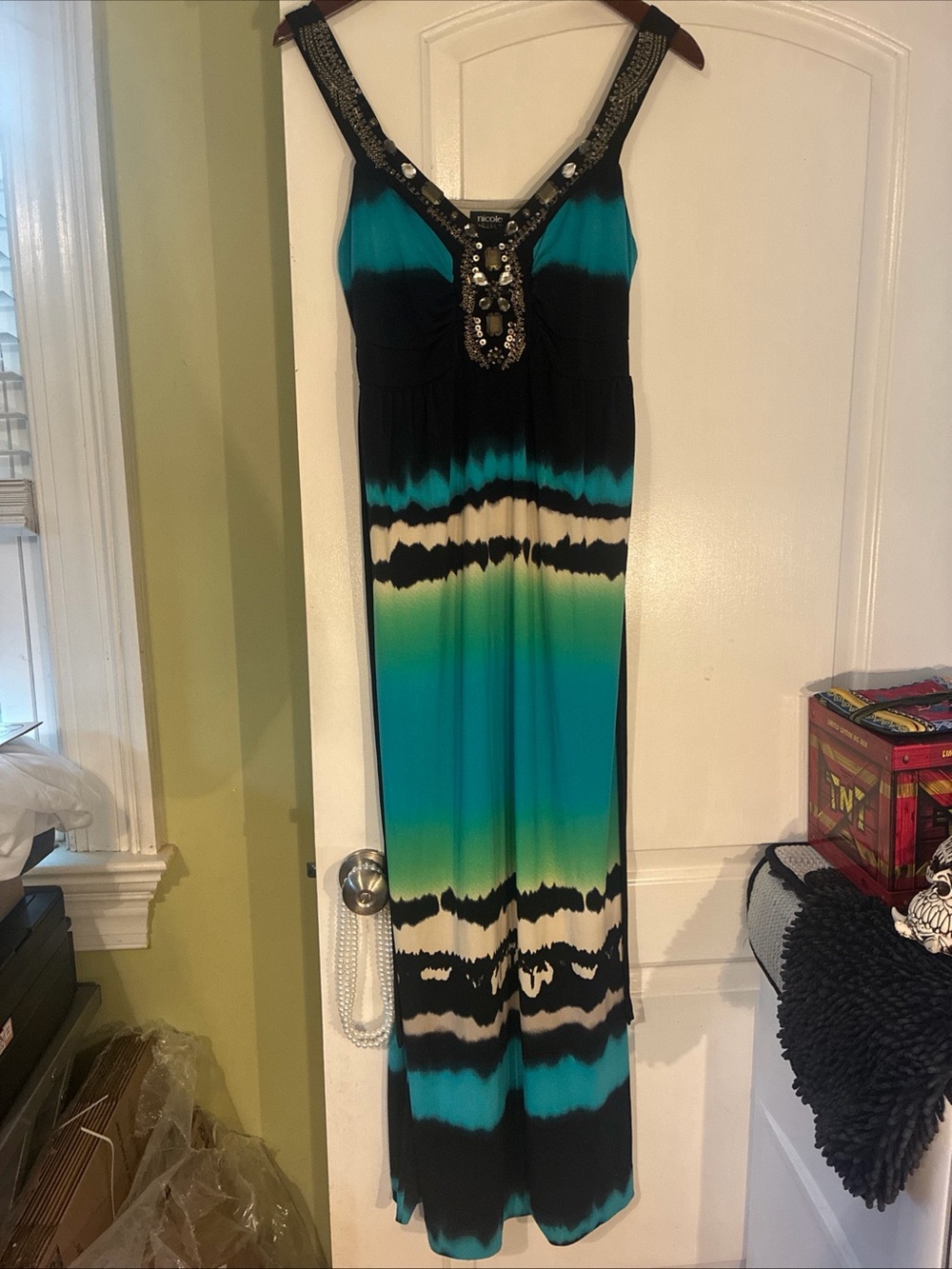 Nicole Beaded V-Neck Maxi Dress in Teal, Black & Cream